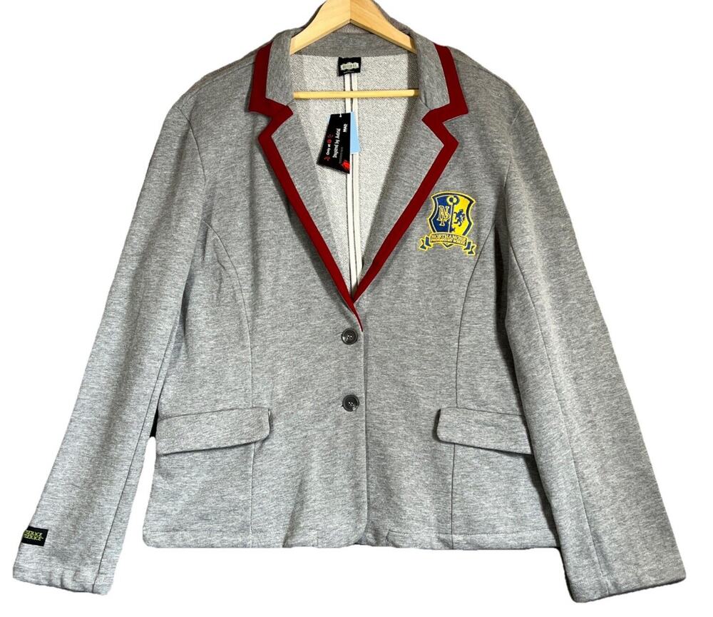Beetlejuice Astrid Graphic Blazer Womens 2X Gray Jersey Knit Prep School Crest